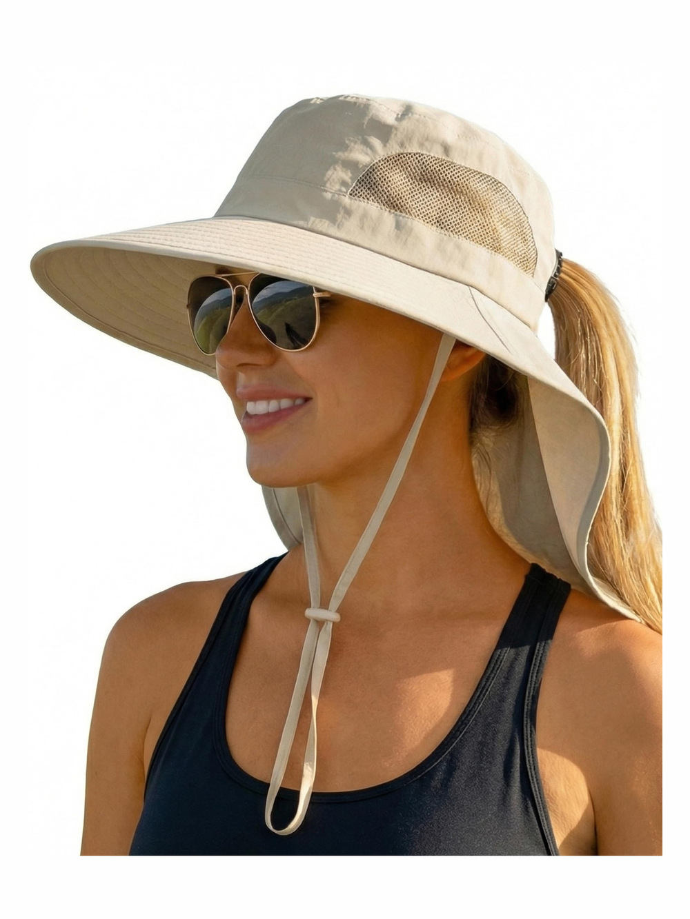 Women Sun Hats UV Protection Wide Brim with Bucket Ponytail | Beige | Size OS